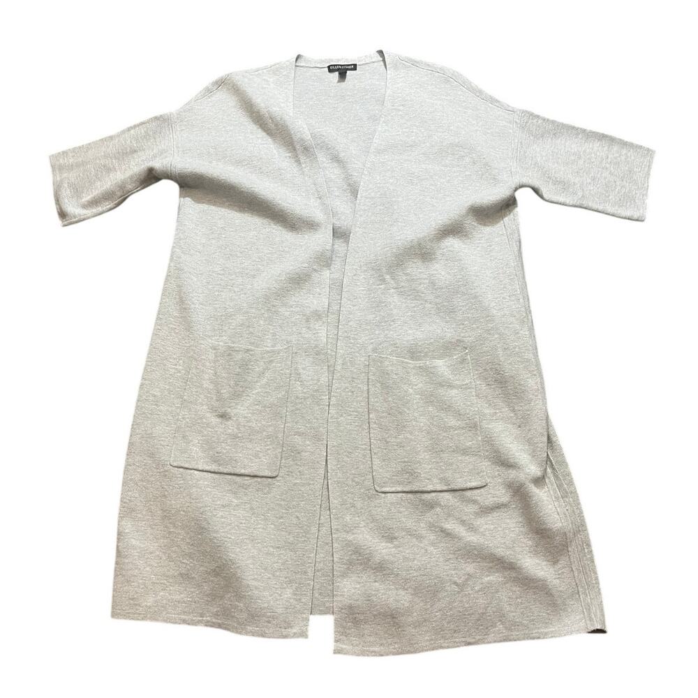 Eileen Fisher Long Open Front Cardigan Silk Organic Cotton Blend Pearl Gray XS